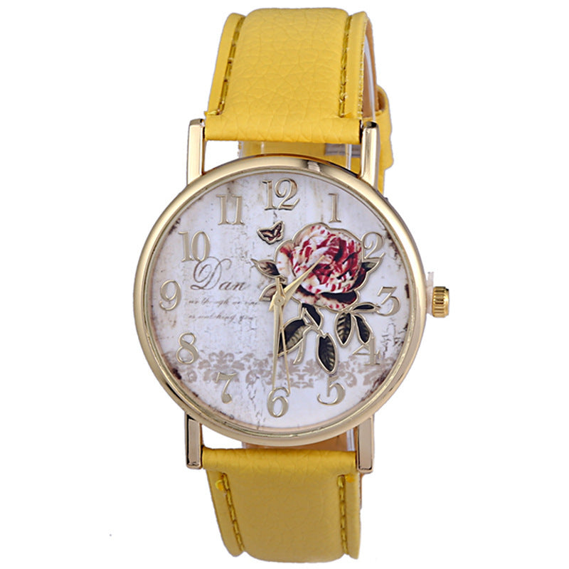 Reloj de rosa de la correa de cuero de imitación de espejo de vidrio al por mayor